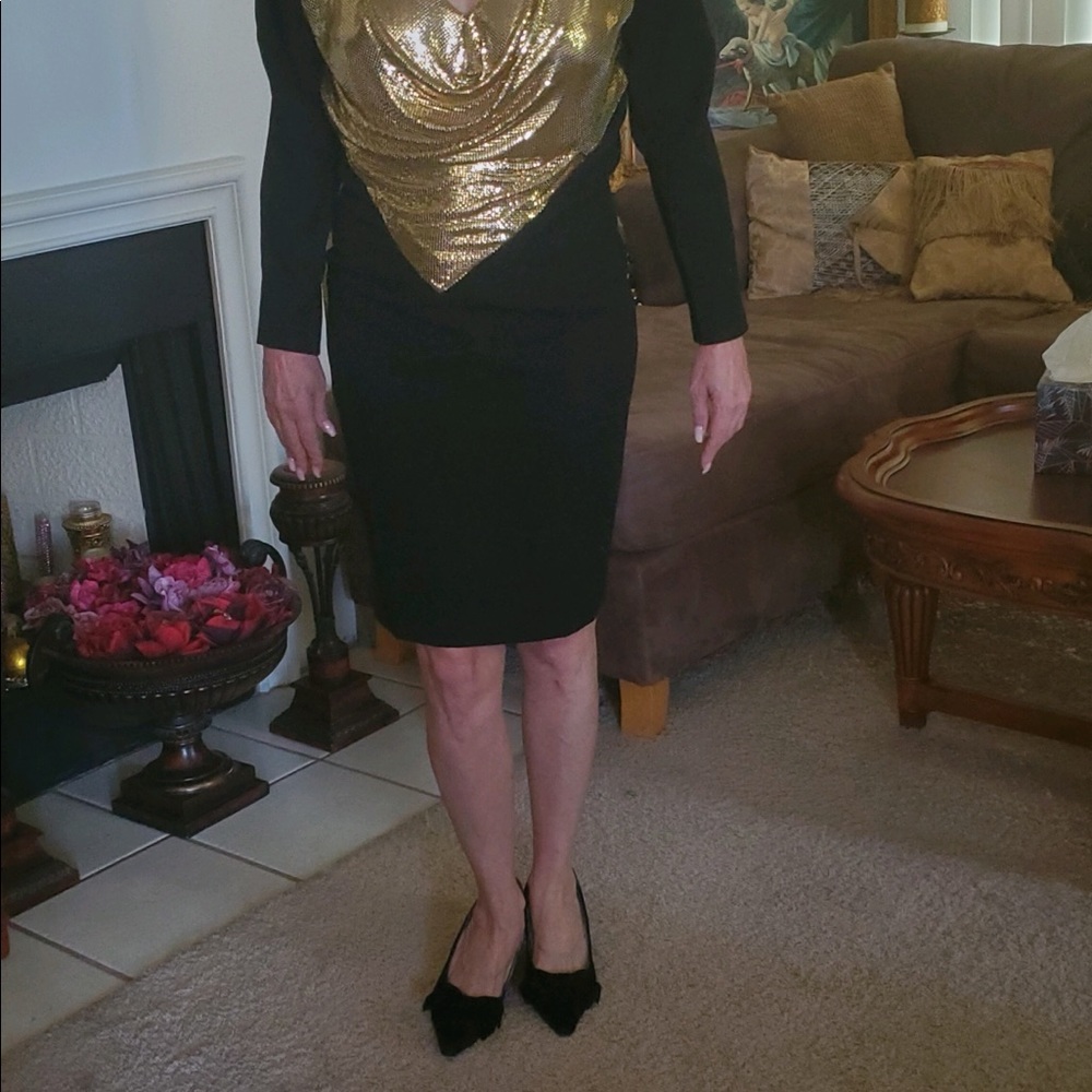 Black wool and gold mesh evening dress size M
